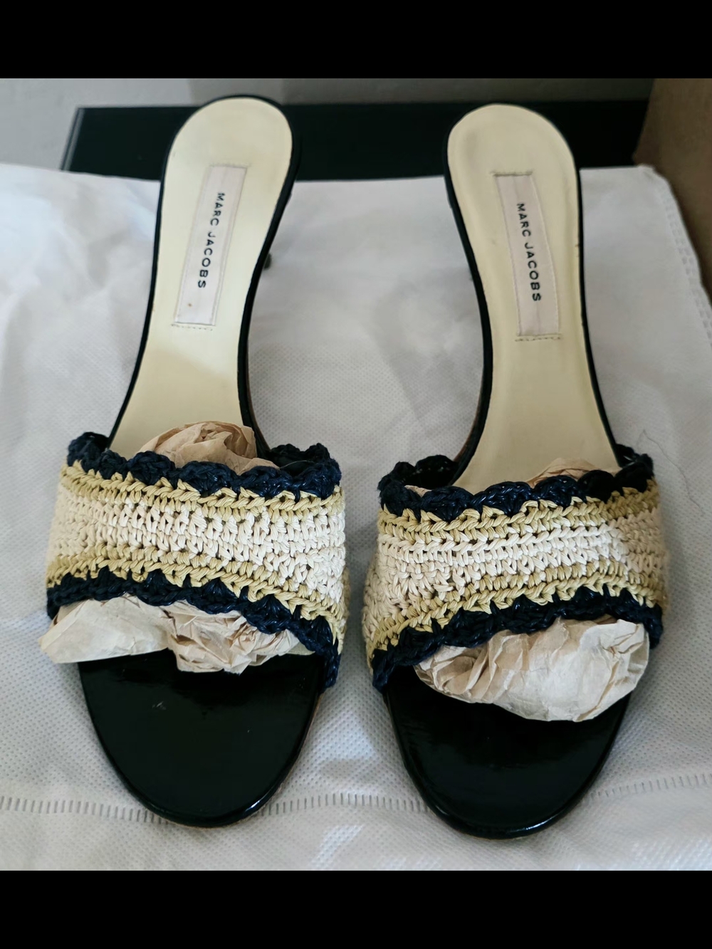 Marc Jacobs Black Patent Slides with Natural Raffia Upper and Navy Trim